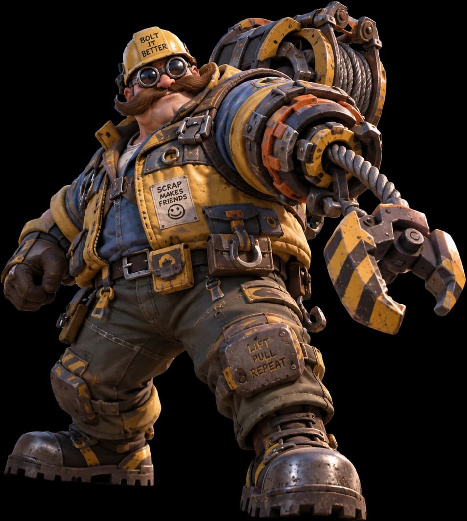 Clampjack: a huge salvage worker in a hard hat and goggles with a giant mustache, hauling a cable-clamp launcher